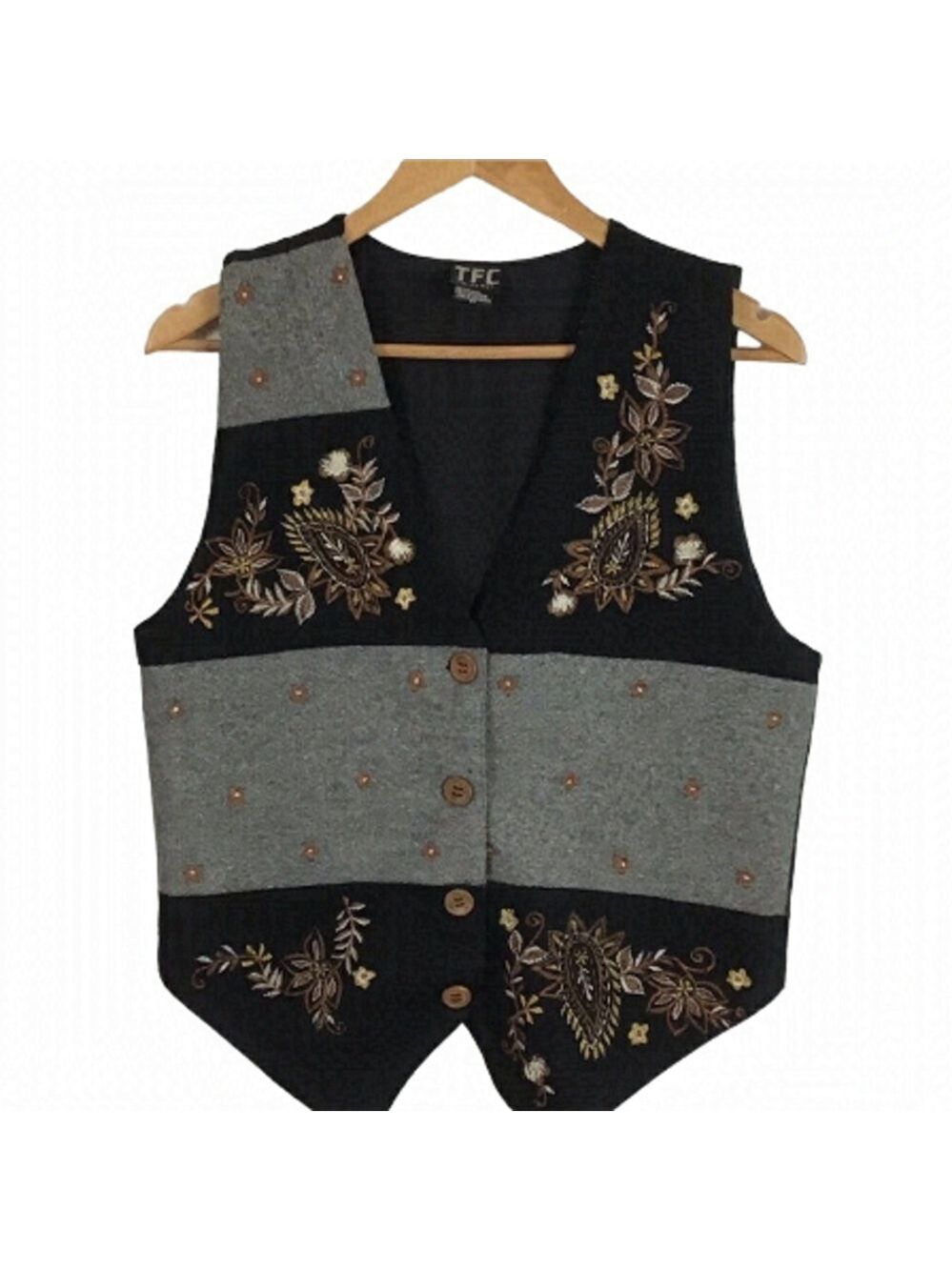 VINTAGE Wool floral embroidered vest black grey medium Cottagecore grandmacore